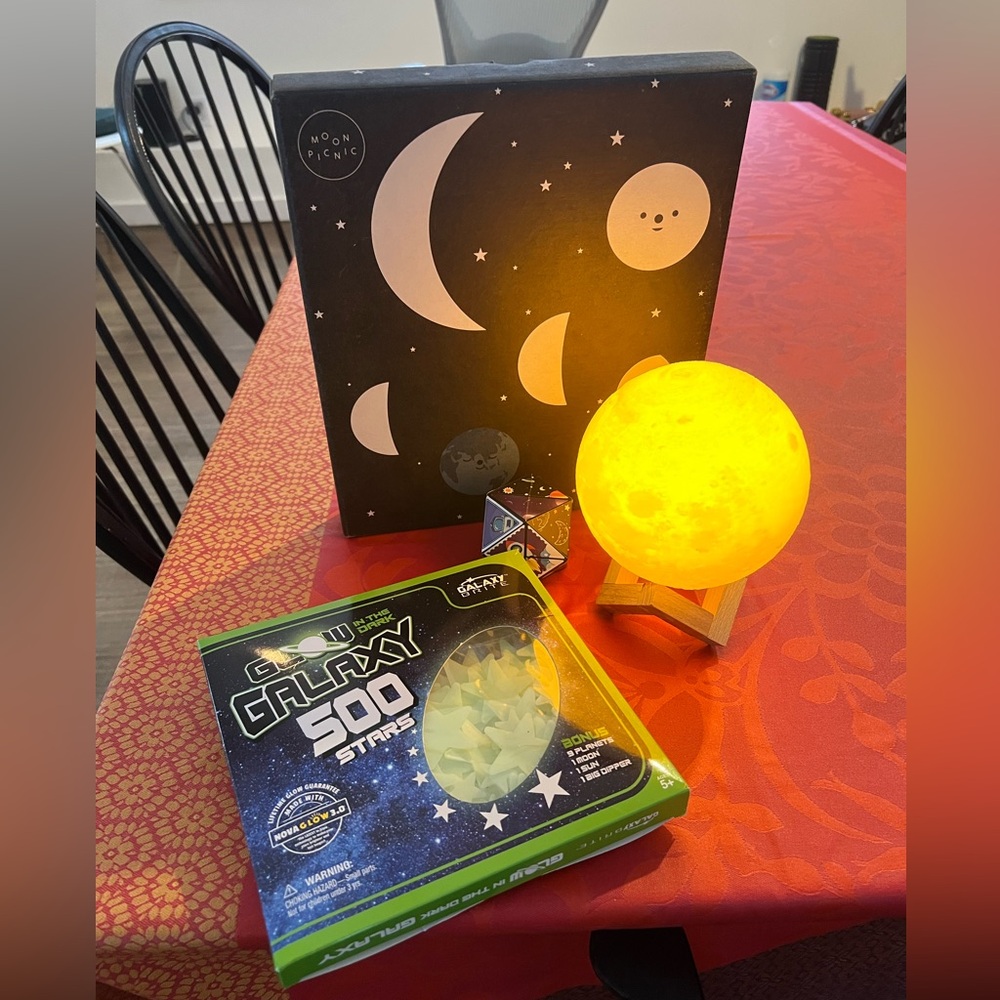 Cute Space gifts! Montessori style calendar, flyball, moon light, glow stars